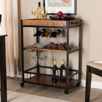 Baxton Studio SR1803010-Oak Brown/Black Cerne Vintage Rustic Industrial Oak Brown and Black Finished Mobile Metal Bar Cart with Wine Bottle Rack